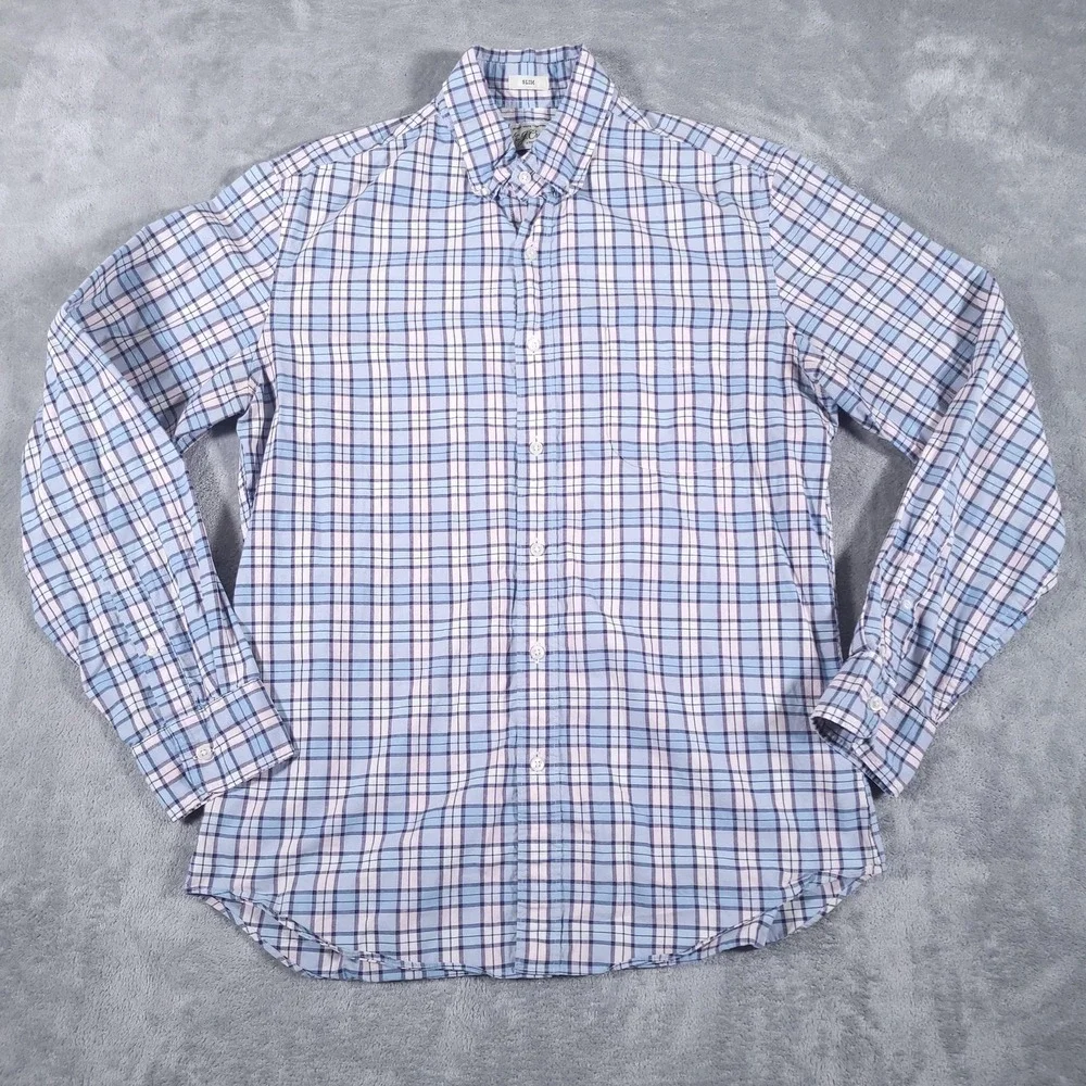 J Crew Shirt Mens Medium Blue Pink Plaid Slim Fit Stretch Button Down Casual‎